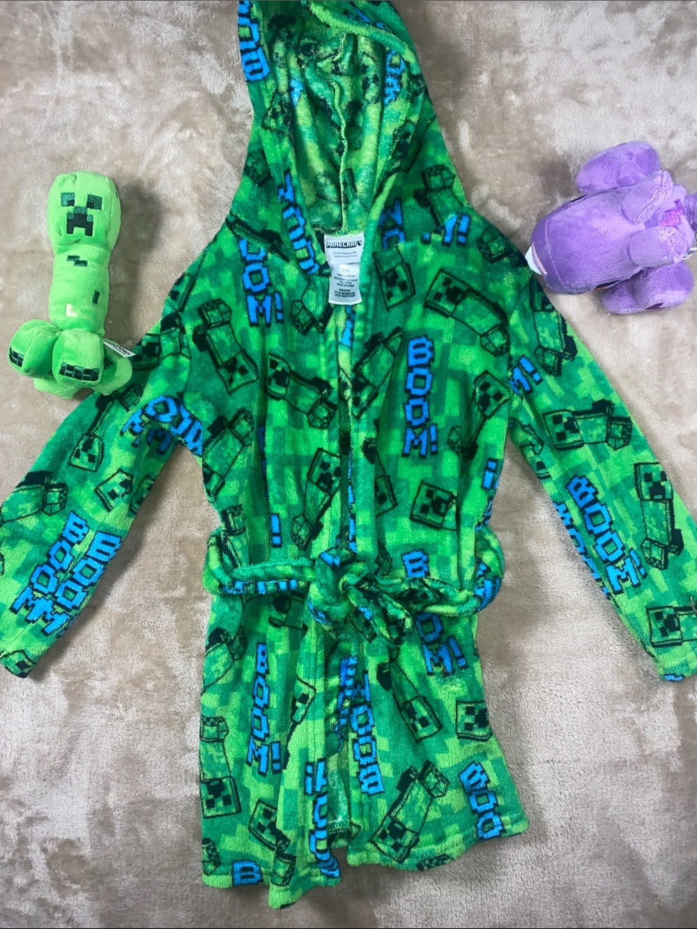 Minecraft Kids Green Hooded Fleece Robe and 2 plush bundle